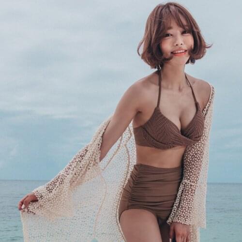 New Women Two Piece Solid Swimsuit 2021 Korean Style Sexy Bikini Swimsuit High Waist Bathing Suit Sun Block Beachwear with Pads