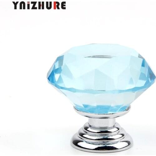 10PCS 30mm Transparent Blue Crystal Glass Diamond Handle Drawer K9 Single Hole Round Zinc Alloy Furniture Kitchen Cabinet Handle