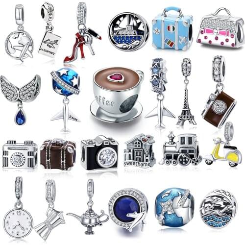 100% 925 Sterling Silver Berloque Family House Eiffel Tower Camera Travel Dream Coffee Cup Shoes Charm Fit Bracelet DIY Jewelry