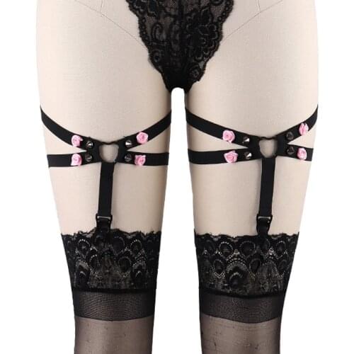 2/PCS Leg Flowers Garter Fashion Sexy Black Spandex Body Harness Rivet Rave Pastel Goth Suspender Body cage