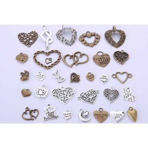 20pcs/lot Random Heart Charms Bulk Pendants Lot Metal Antique Bronze Charms fit Bracelet Necklace Findings DIY Jewelry Making