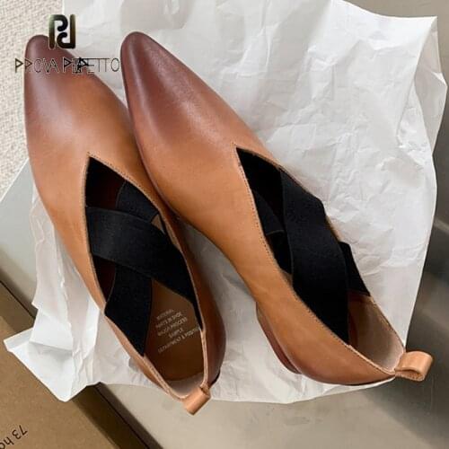 Waxed Calfskin Ballet Shoes Womens Autumn New Products Full Leather Pointed Toe Cross Elastic Belt Flat Shallow Shallow Shoes