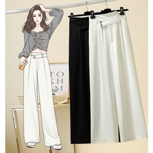 Womens White Black Pants Elegant Full Length Trousers Fashion High Waist Wide Leg Pants Loose Plus Size Trousers L-4XL