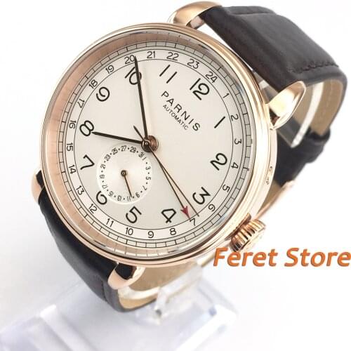 New fashioned 42mm PARNIS Rose Gold case white dial Four hands Leather strap mens automatic mechanical watch