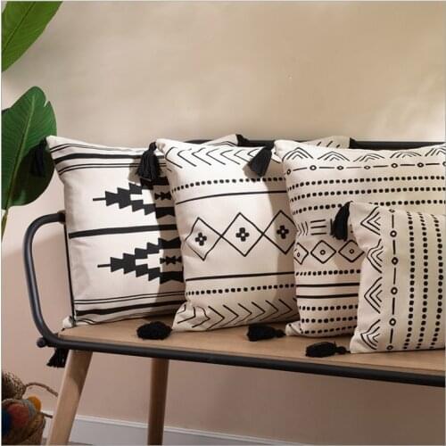 Black Beige Cotton Geometric Tassels Cushion Cover Home Sofa Decoration Pillow Cover 45x45cm/30x50cm Pillowcase Pillow Sham