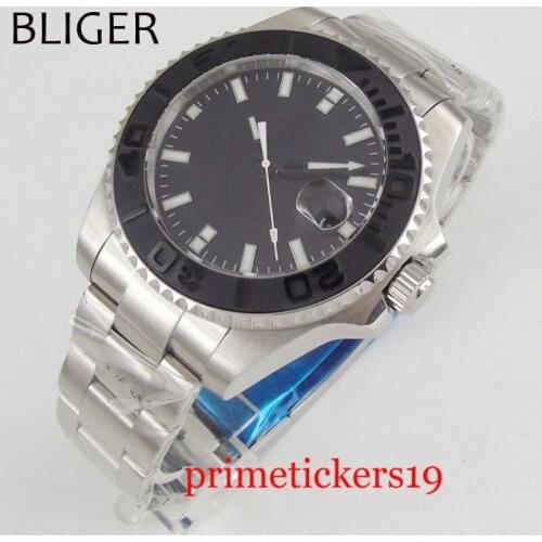 Black dial 43mm date luminous white marks black ceramic bezel automatic movement wristwatch