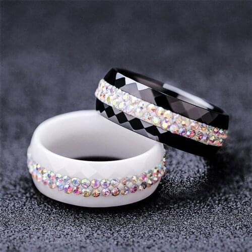 Modyle 8mm Wide Black and White 2 Row AB Crystal Ceramic Ring Women Engagement Promise Wedding Band Gifts For Women