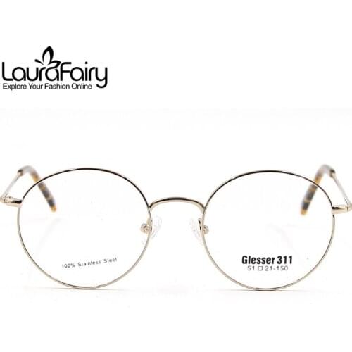 Laura Fairy Classic Retro Round Eyeglasses Frames Women Men Gold Color Stainless Steel Optical Frame with Big Size