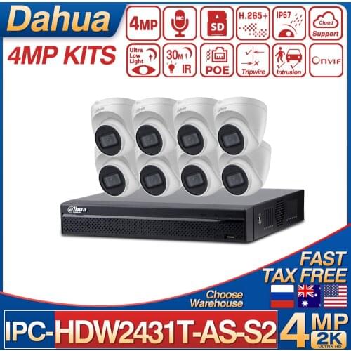 Dahua Original Kits 8PCS HDW2431T-AS-S2 IP Camera 2K Built-In Mic SD Card Slot + NVR4108HS-8P-4KS2/L 8POE 1HDD 2K CCTV System