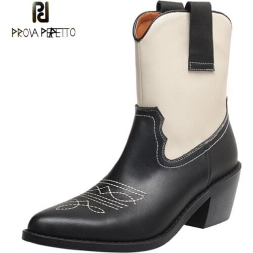 Autumn New Stitching Stitching Cowhide Color Matching Short Boots Pointed Toe Square Heel Short Tube High-heeled Martin Boots