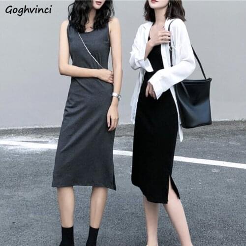 Sleeveless Dress Women Sexy Slim Side Slit O-neck Solid Spaghetti Strap Female Backless Dresses Trendy Ins All-match Basis Chic