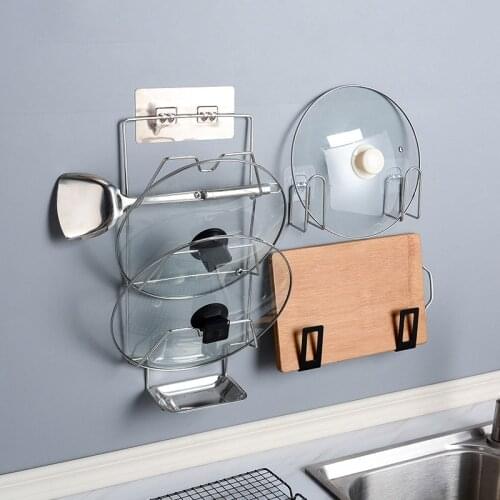 Punch-free Pot Cover Rack Shelf for Cutting Boards Household Wall-mounted Kitchen Storage Rack with Drain Tray