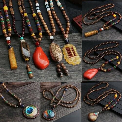 Retro Pendant Necklace Womens Jewelry Long Sweater Chain Elegant Wooden Beads
