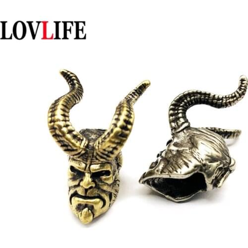 Horn Hellboy Keychain Pendant Brass Knife Beads Car Keyrings Pendant Vintage Copper Paracord Rope Bead Outdoor DIY Pocket Tools