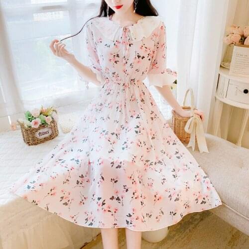 S-5xl Summer Women New Retro Chiffon Printed Doll Collar Puff Sleeve Lacing Floral Plus Size A-line Cocktail Dresses 4034