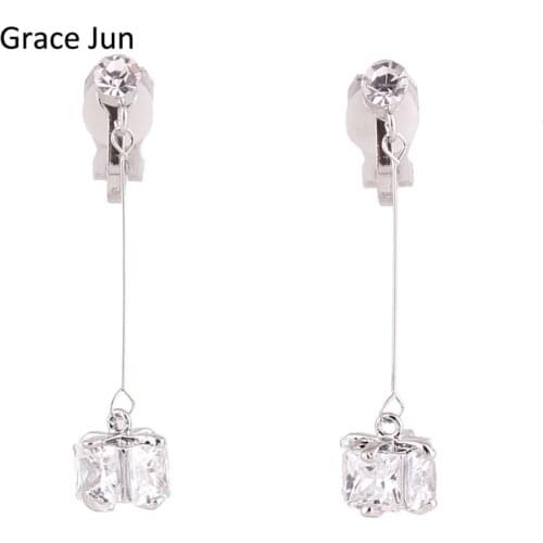 Grace Jun High-grade Full AAA Cubic Zircon Long Clip on Earrings Non Piercing for Women Elegant Jewelry Long Pierced Earrings