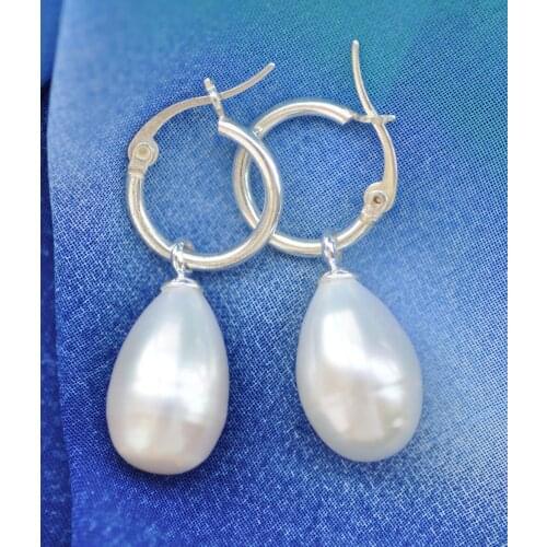 P7638 QQ 17mm Tear-drop White Freshwater Pearl Dangle Earring 925silver