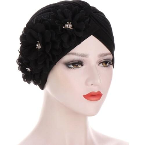 Turban Caps Women Flowers Ruffle Muslim Elastic Pearls Headscarf Bonnet Ladies Hair Accessories Indian Cap Turbante Mujer