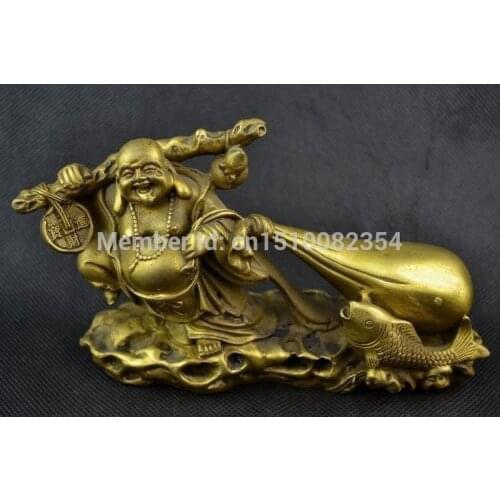 Old Handwork Copper Carving Buddha Carry Sack Of Gold Coin Big Statue