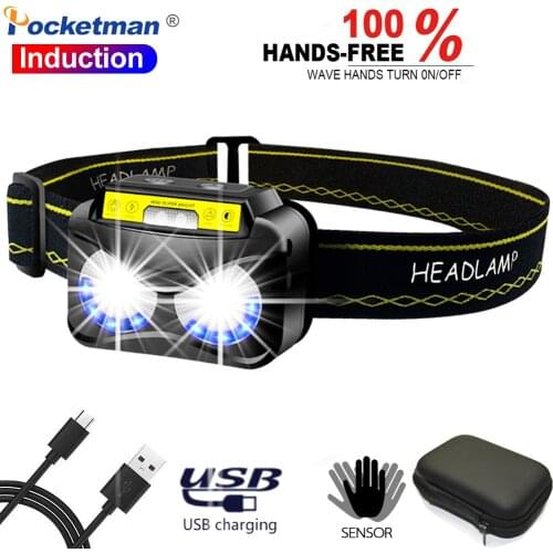 LED Headlamp Super Bright USB Rechargeable Headlamp Flashlight LED Headlight Motion Sensor Head Torch Light Lamp Camping fishing