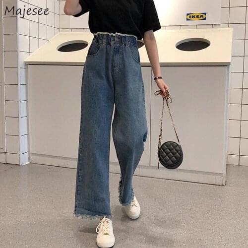 Women Jeans Denim High Waist Ripped Vintage Elastic Ankle-length Wide-leg Trousers Chic Loose Korean Style Trendy Autumn Female