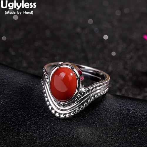 Uglyless Coral Red Agate Rings for Women Ethnic Minimalist Gemstones Open Rings Solid 925 Sterling Silver Bijoux Fashion Jewelry