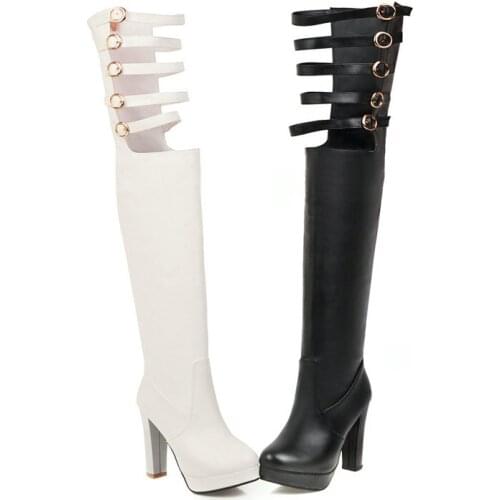 Winter Womens Shoes Brand Designer Over-the-knee Boots Hollow Buckle Decoration Square Root Platform Boots Ladies Boots Black H