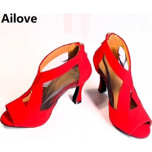 Women Ballroom Party Wedding Dance Shoes Red Latin Salsa Rumba Social Dancing Boots Suede and Mesh ALS045
