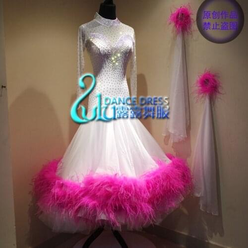 Women swing tango waltz Smooth us 8 dance competition dress Gradation ballroom dance dress Long sleeves ostrich feather dress
