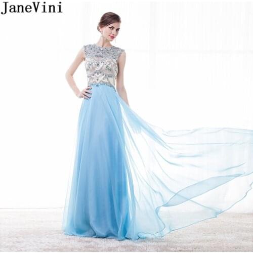 JaneVini Elegant Light Sky Blue Long Bridesmaid Dresses A Line Luxury Crystals Beaded Backless Tulle Women Prom Gowns Plus Size