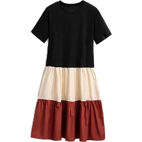 New Korean Style Women Short Sleeve Stitching Color Large Size Loose O-neck Midi Dress Streetwear for Ladies Beach Dress