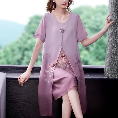 Women Vintage Casual Floral Chiffon Midi Dress 2021 Summer 4XL Plus Size Fake Two Piece Sundress Elegant Bodycon Party Vestidos