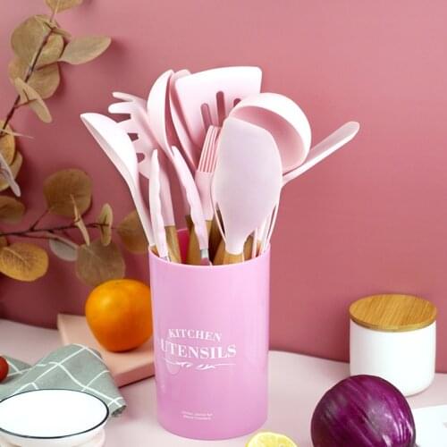 11 Piece Set Of Wooden Handle Silicone Kitchenware Soup Spoon Funnel Food Clip Non-Stick Pot Spatula Tube Cooking Baking Tools