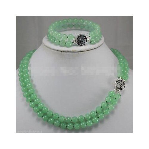 2 Rows 8mm green jade silver clasp necklace bracelet