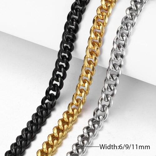 6/9/11mm Necklace For Men Black Gold Silver Color Stainless Steel Curb Cuban Link Long Big Chain Necklace Jewelry LKN609