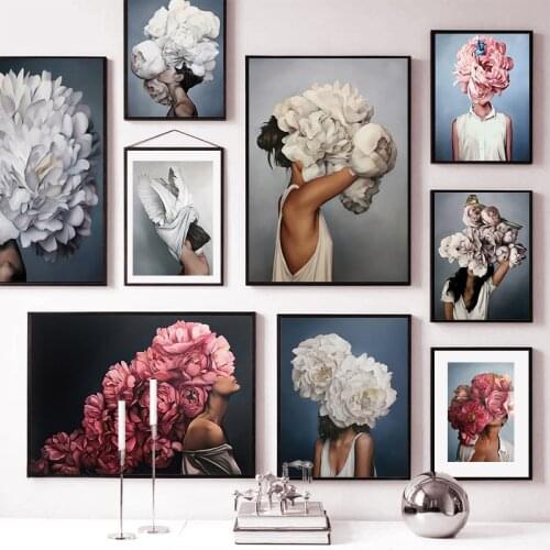 Abstract Flower Woman Canvas Poster Print Feather Wall Art Painting Nordic Home Picture Decoration Living Room Background Wall