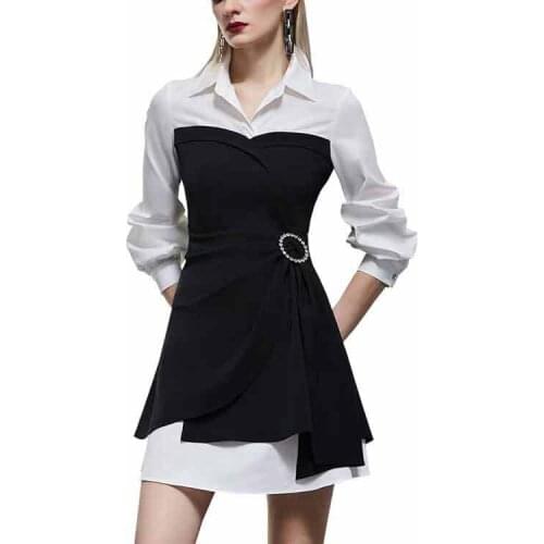 Design sense small crowd fake two pieces dress womens autumn dress 2021 new temperament bubble sleeve shirt skirt
