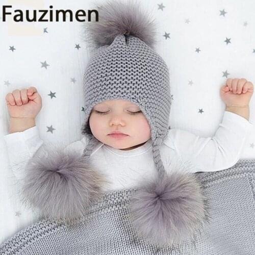Baby Hat Fur Pompom Skullies Beanies Caps Real Raccoon Fur Pompom Beanie Hats For Women Thick Female Cap
