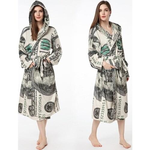 Autumn Winter New Couple Flannel Night Robe Thick Warm Home Clothes Bathrobe Hooded Lounge Pocket Nightgown Women And Men Dress
