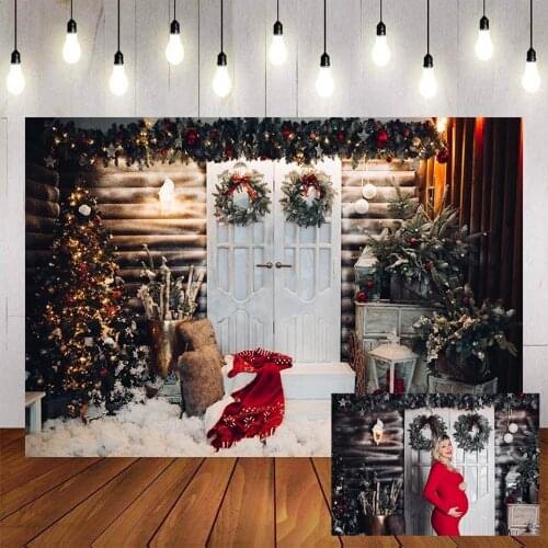 Mehofond Photography Background Christmas White Door Decoration Tree Retro Vintage Wooden Wall Photocall Photo Studio Backdrop