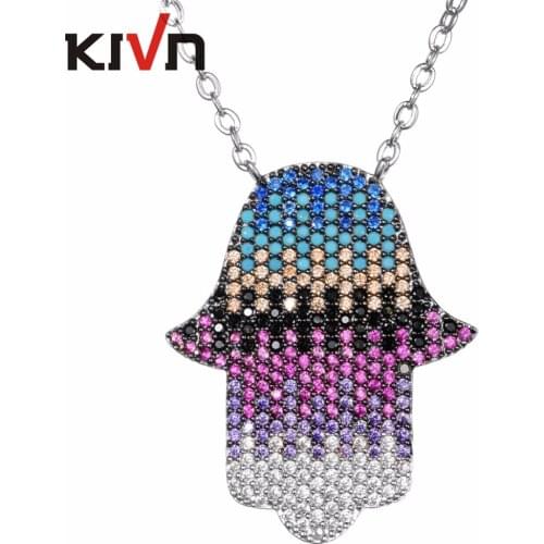 KIVN Fashion Jewelry Pave CZ Cubic Zirconia Rainbow Hamsa Womens Girls Bridal Wedding Pendant Necklaces Birthday Mothers Gifts