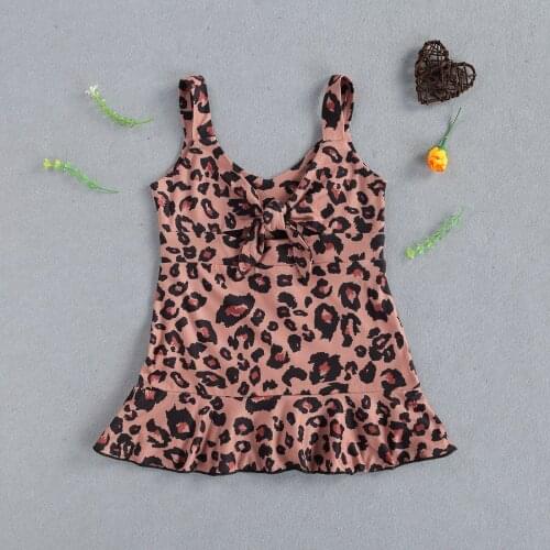 FOCUSNORM 1-5Y Kids Girls Summer Dress Leopard Print Sleeveless Lace Up Chest Ruffled Hem Mini Dress