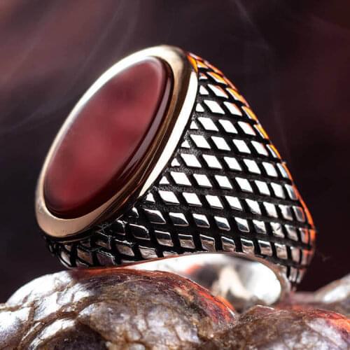 925 Sterling Silver Burgundy Agate Stone Mens Ring Ring for Men with Agate Burgundy Ring