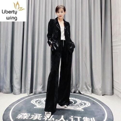 Fashion Sequins Womens Blazer Wide Leg Trousers Two Piece Set Elegant Lapel Double Breasted Office Ladies Formal Suit Jacket