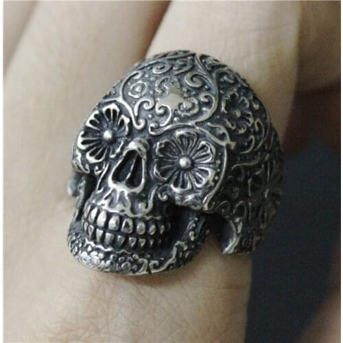 Size 7-13 Cool Fashion Black Smile Ghost Skull Ring 316L Stainless Steel Man Women Flower Skull Ring