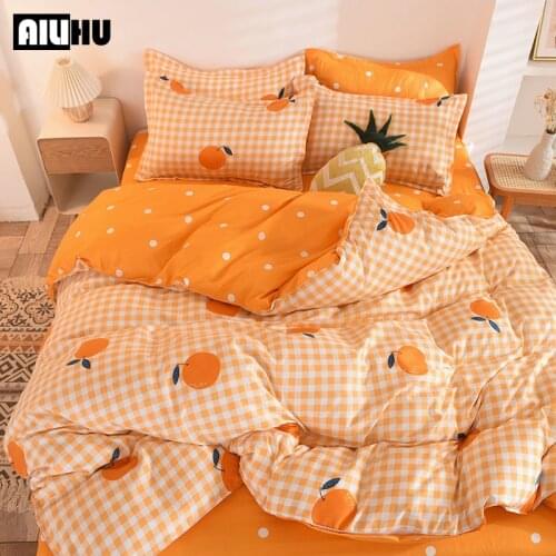 Orange Bedding Set Printed Bed Linen Sheet Plaid Duvet Cover Set 240x220 Single Double Queen King Quilt Beds Sheet Bedclothes