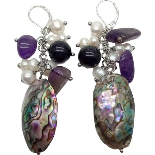 YYGEM natural Abalone Shell Freshwater White Pearl Amethyst 925 Silver dangle Leverback Earrings handmade for women
