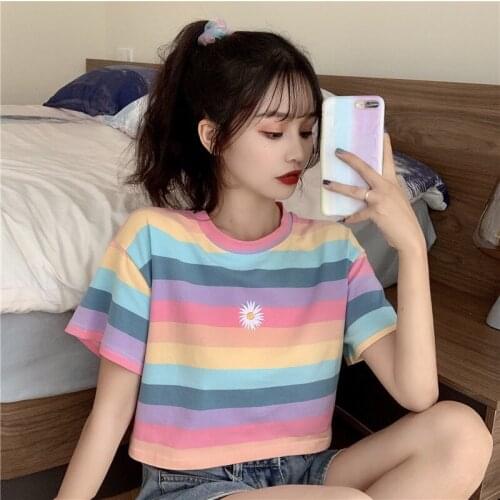 New summer Korean fashion sweet Daisy short sleeve T-shirt loose INS trend rainbow stripe versatile woman Casual short top