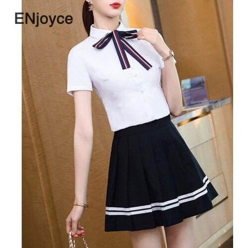 Summer Women Professional White Short Sleeve Shirts Black Pleated Skirts Two Pieces Sets Ladies College Style Uniform Suit Set