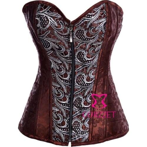 Brown Jacquard Satin Sexy Front Zipper Corset Corselet Women Gothic Steampunk Steel Boned Overbust Push Up Corsets With Shoelace